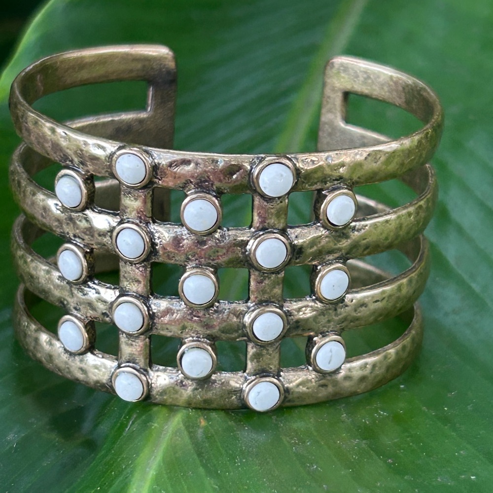 Lucky Brand gold tone with White beads chunky statement Cuff Bracelet bangle